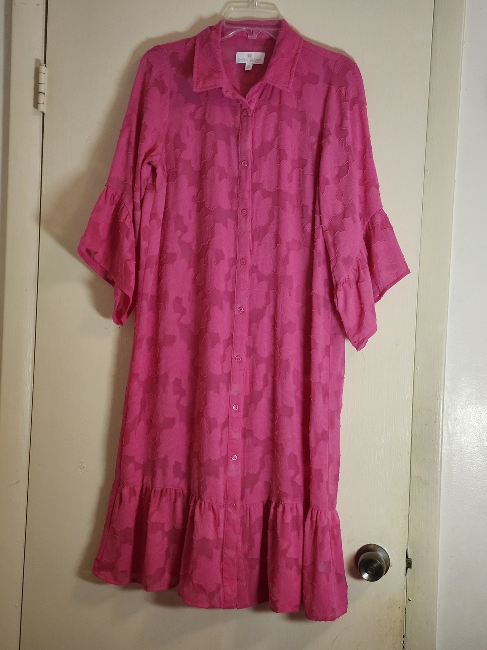 Susan Graver Hot Pink Button-Front Ruffle Hem Midi Dress